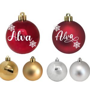 Julkula rund 6cm Namn & Snöflingor Röd,Guld,Silver – Valfri Text